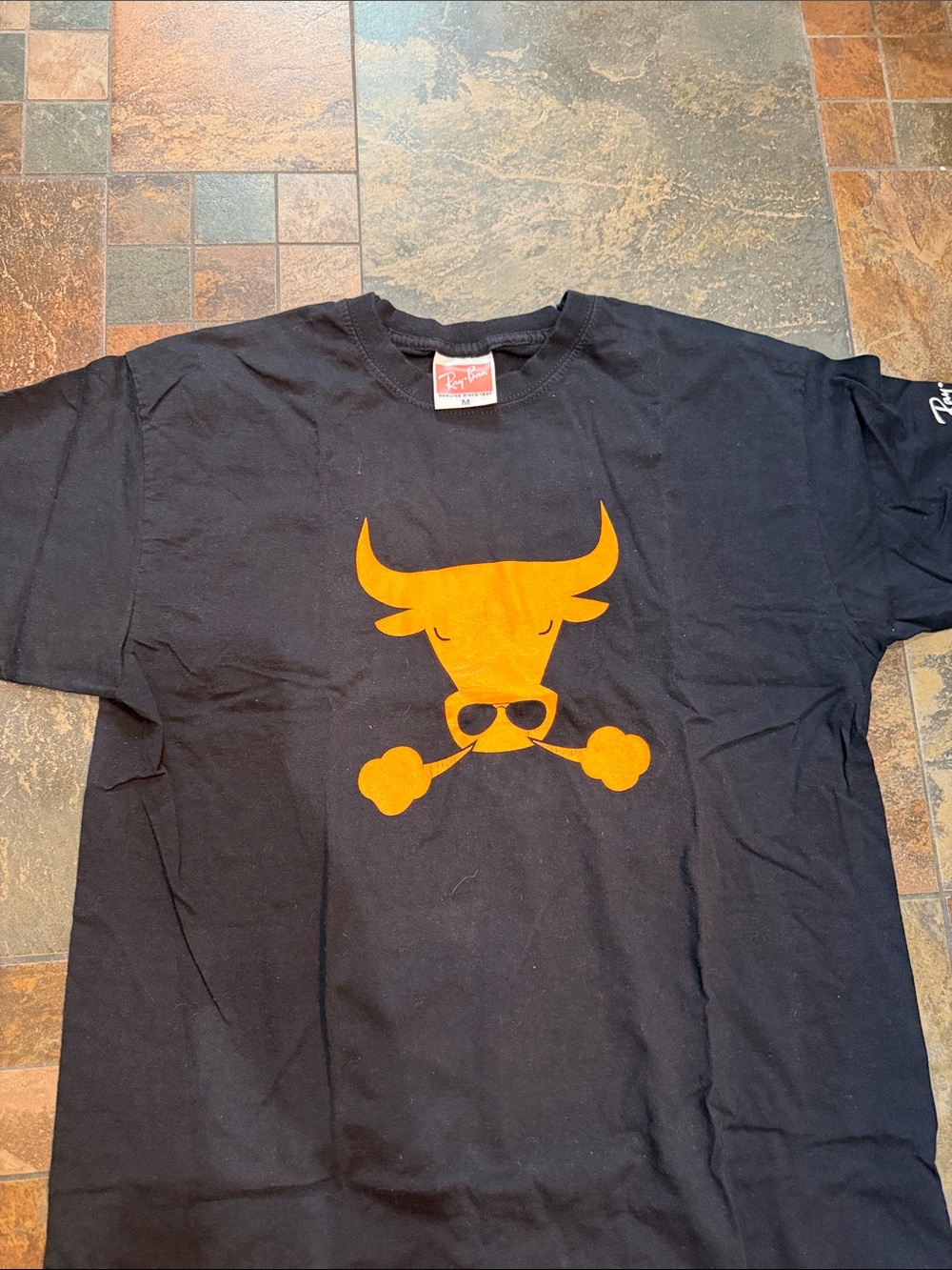 Ray Ban Black T-Shirt with Orange Bull Graphic -